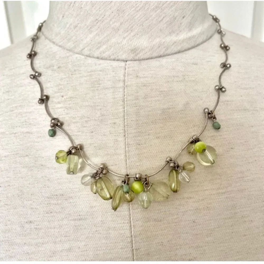 Silver tone green beaded necklace